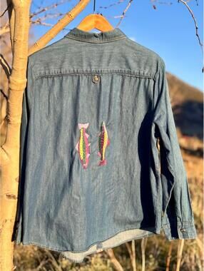 Upcycled Christopher Banks Fish Embroidery Denim Shirt (XL)